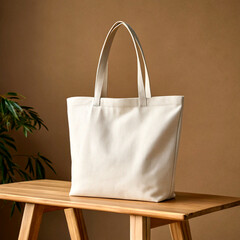 White Canvas Tote Bag - Minimalist Design on Wooden Surface