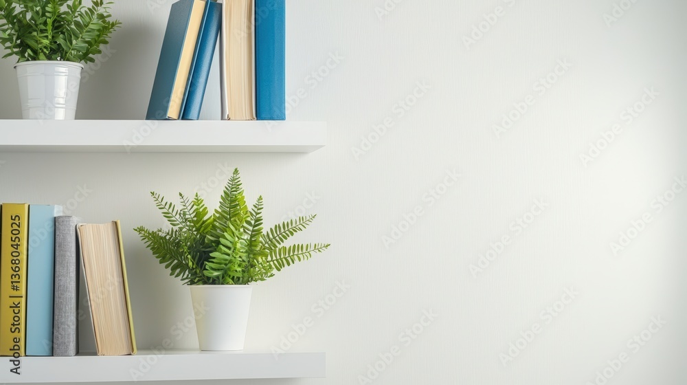 Poster functional space with floating shelves displaying a beautiful plant adding greenery and life to a mo