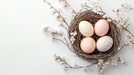 Pastel Easter Eggs in a Bird's Nest with Spring Blossoms