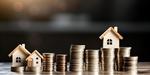 Stacks of coins and wooden houses on a grey background, a real estate concept. Business