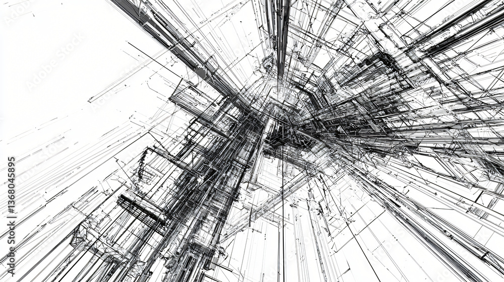 Poster a captivating black and white abstract design featuring chaotic lines and overlapping geometric shap