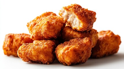 A close take of neatly arranged chicken nuggets showcasing their crunchy, golden outer layer, perfect for a satisfying snack or a fun meal with loved ones.