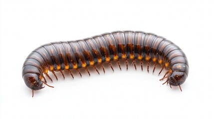 Fototapeta premium Close-up of a glossy brown millipede with orange stripes on a white background.