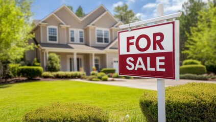 Beautiful suburban house with for sale sign in front yard perfect for real estate marketing and property listing