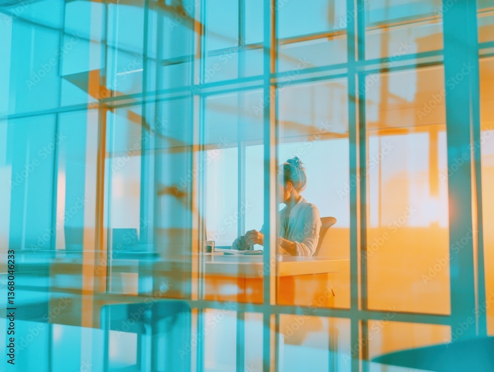 Poster Minimalist Gen Z Workspace Vibrant Collaborative Design with Translucent Glass Partitions - Innovative Remote Work Aesthetic Capturing Digital Nomad Creativity and Professional Flexibility