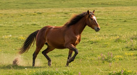 Majestic brown horse galloping across a vibrant green meadow under a clear blue sky
