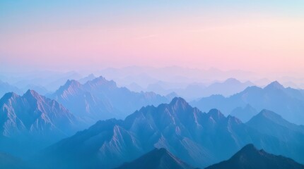 Vibrant Mountain Ranges at Sunrise with Gradients of Blue and Pink Hues