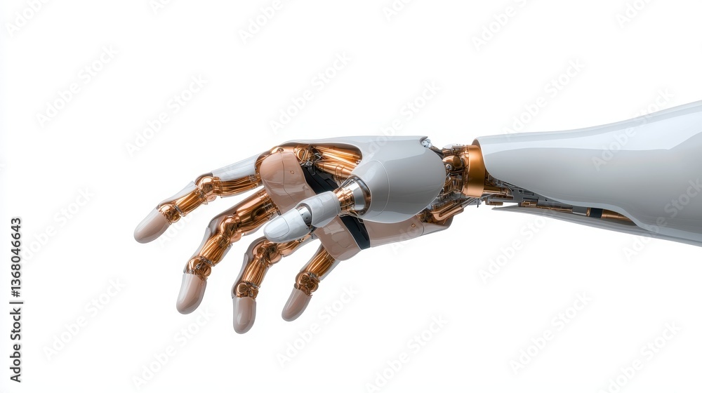 Poster this futuristic robotic hand showcases intricate metallic designs with contrasting finishes, reflect