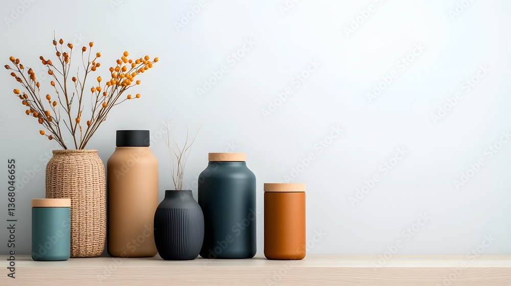 Poster elegant assortment of various sized and textured storage containers including cardboard wicker and m