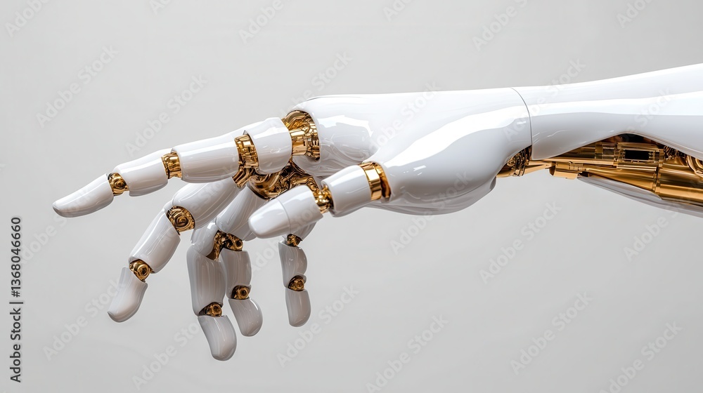 Poster this image portrays an elegant robotic hand in a glossy finish, combining art and technology to refl
