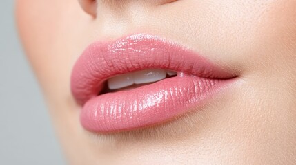 This image highlights a close-up view of beautifully shaped pink lips, showcasing a glossy finish that enhances their natural allure against a soft background.