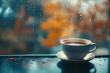 Obraz premium Cup of Hot Black Tea by a Rainy Window, Cozy and Relaxing Scene