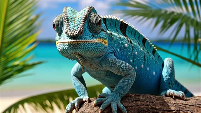 A closeup of a chameleon (Chamaeleonidae) resting on a wooden stick on the beach.