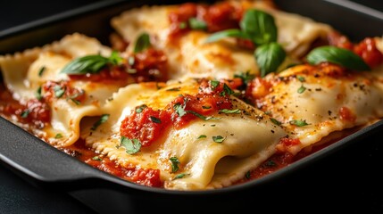 This image showcases a scrumptious platter of ravioli smothered in rich tomato sauce, garnished with fresh basil leaves, perfect for culinary enthusiasts and food lovers.