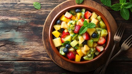 Fresh Fruit Salad in a Brown Clay Dish with Mint Leaves on Wooden Table, Top View