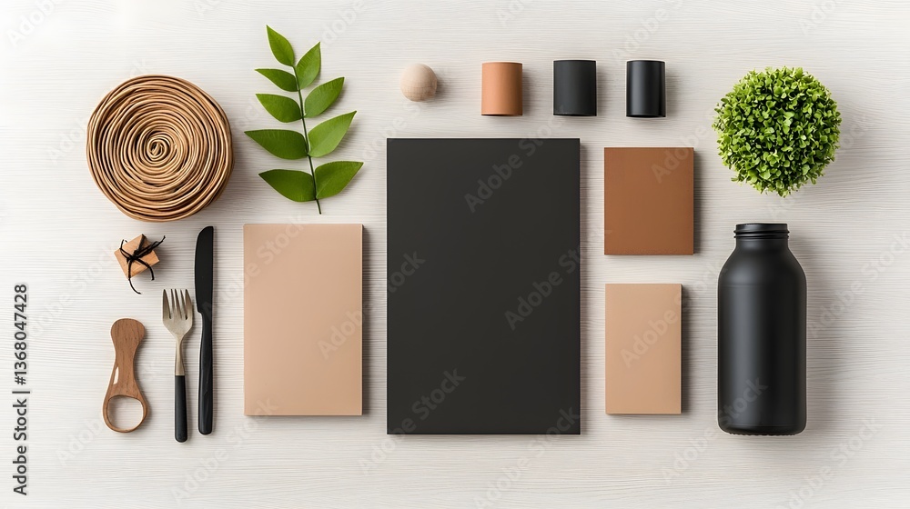 Poster elegant flat lay featuring an assortment of stylish storage solutions including cardboard wicker and