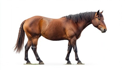 Naklejka premium Majestic brown horse with a strong build standing against a white background.