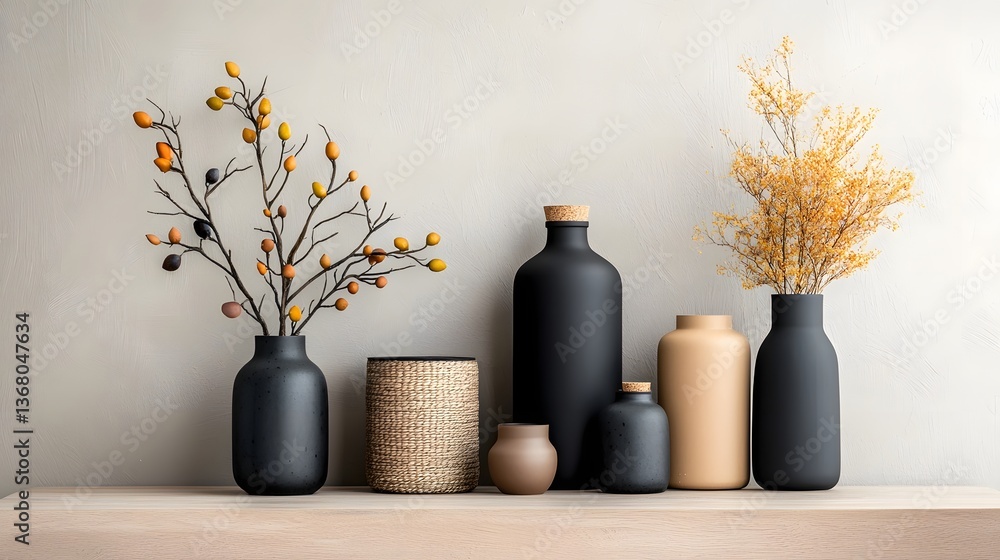 Poster elegantly arranged assortment of various storage containers baskets and vases made from materials li
