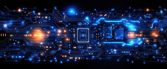 Obraz premium Abstract digital circuit board glowing with blue and orange lights. Complex technological design