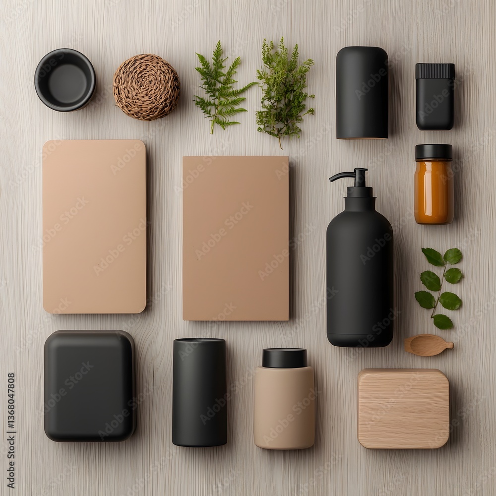 Poster elegantly arranged flat lay featuring an assortment of storage containers including cardboard wicker