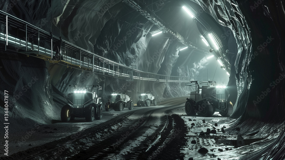 Poster this heavy machinery conducts regolith excavation in an illuminated asteroid mining tunnel.
