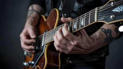 Obraz premium rock musician's calloused hands on vintage guitar strings