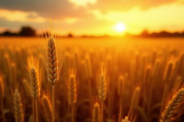 Fototapeta premium Golden wheat field bathed in sunset's glow, ripe ears close-up , gold, light, countryside