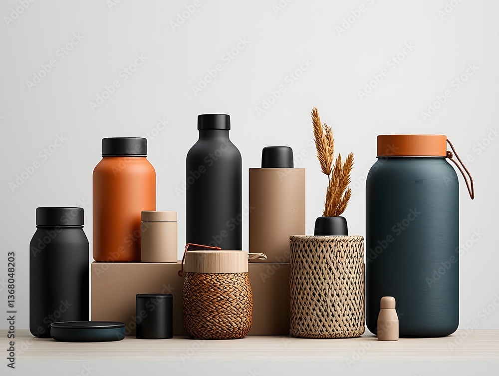 Poster Flat lay arrangement of various storage containers in different shapes sizes and materials including cardboard wicker and metal displayed on a light wooden table