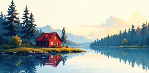 Fototapeta premium Lake house nestled in continuous line woods, minimalist rural landscape sketch , trees, one line, illustration