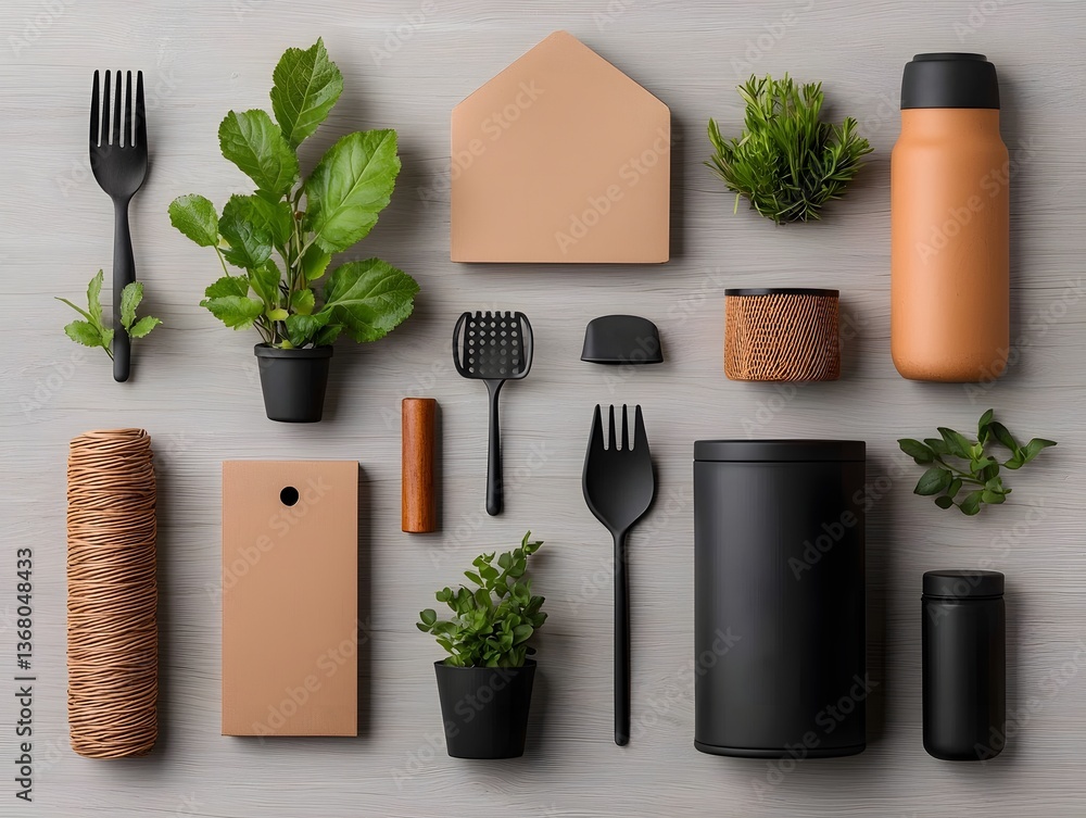 Poster flat lay composition featuring an array of storage containers in different materials and forms inclu