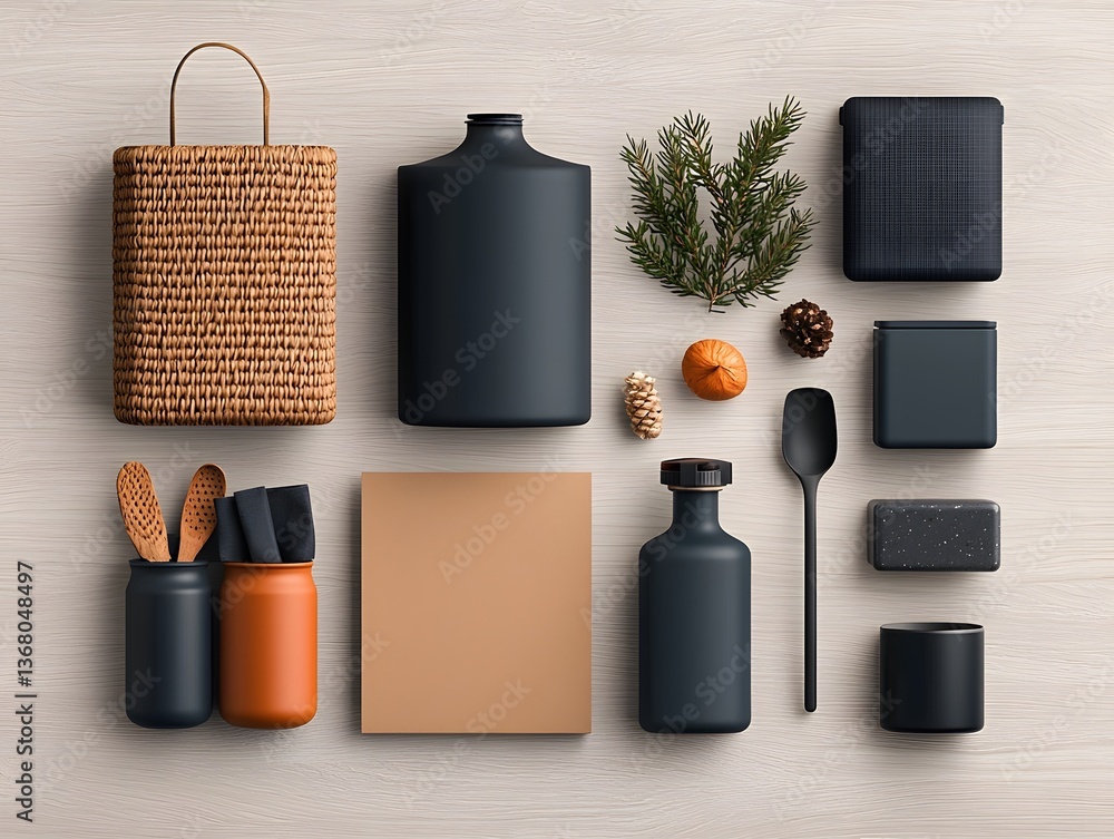 Poster flat lay composition featuring an array of storage containers in diverse shapes and textures includi