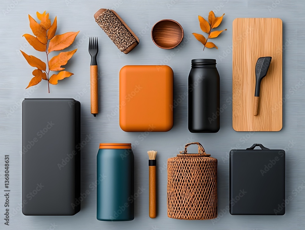 Poster flat lay composition featuring an array of storage containers in diverse shapes and textures includi