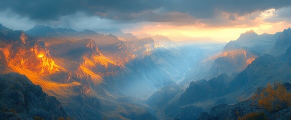 Fototapeta premium Majestic sunset illuminates a vast mountain range, casting a warm glow on the peaks and valleys. Misty atmosphere adds depth