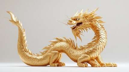 Fototapeta premium Elegant golden dragon statue with intricate details on a neutral background, symbolizing power and mysticism.