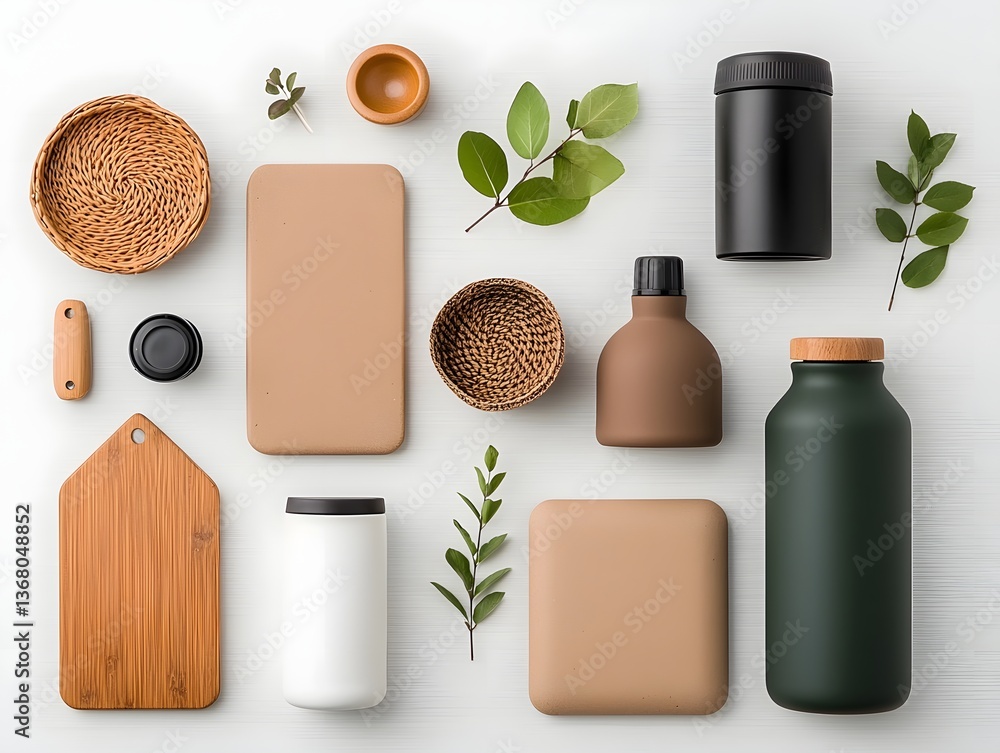 Poster flat lay composition featuring an array of storage containers in various materials and shapes includ
