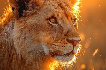 Naklejka premium Majestic lion basking in golden sunlight with intense gaze and detailed fur in the wilderness