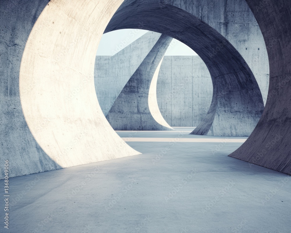 Poster Minimalist Architectural Elegance Fluid Concrete Sculpture Transforming Spatial Perception with Brutalist Design and Dynamic Light Interaction
