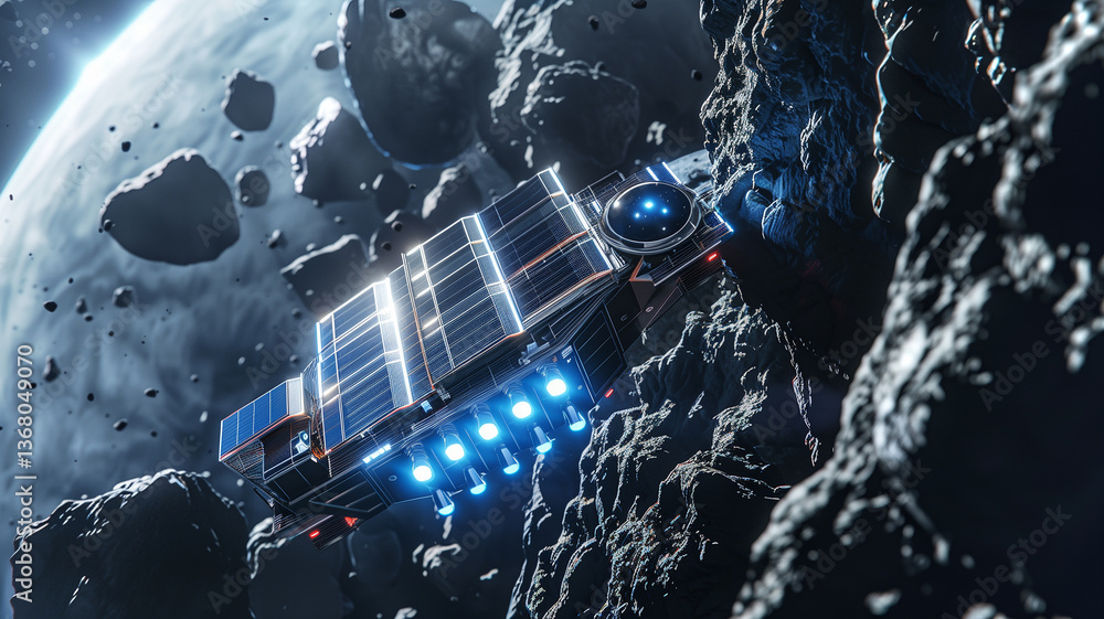 Leinwandbilder this spacecraft is engaged in regolith extraction from an asteroid for resource refinement.