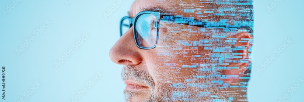 Poster Futuristic Digital Transformation AR Glasses Visualizing Data Flow with Minimalist Gen X Professional in Pixel-Morphing Tech Innovation Landscape