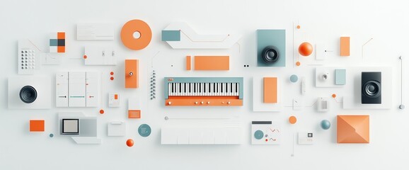 Abstract arrangement of geometric shapes and music-related objects on a white background
