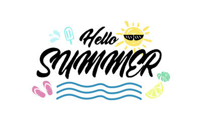 Fototapeta premium Hello summer concept design. Creative abstract shape background and plant colorful of summer season for sale post template.