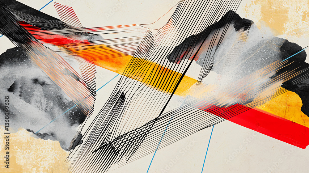 Poster artistic painting featuring dynamic composition of angular lines and shapes that creates a striking 