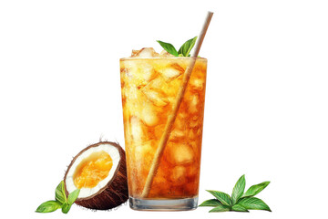 Fototapeta premium Refreshing iced tea with coconut and mint, a vibrant summer drink, perfectly chilled and served in a tall glass with a straw.