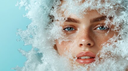 A close-up of a woman's face adorned with ice and snow, showcasing her striking blue eyes and glowing skin; an ethereal aesthetic that evokes winter's enchantment and elegance.