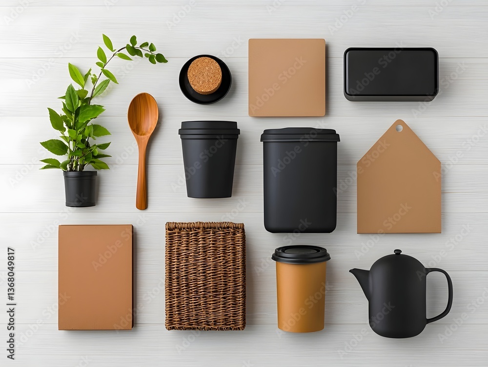 Poster flat lay composition showcasing an assortment of storage containers including cardboard wicker and m