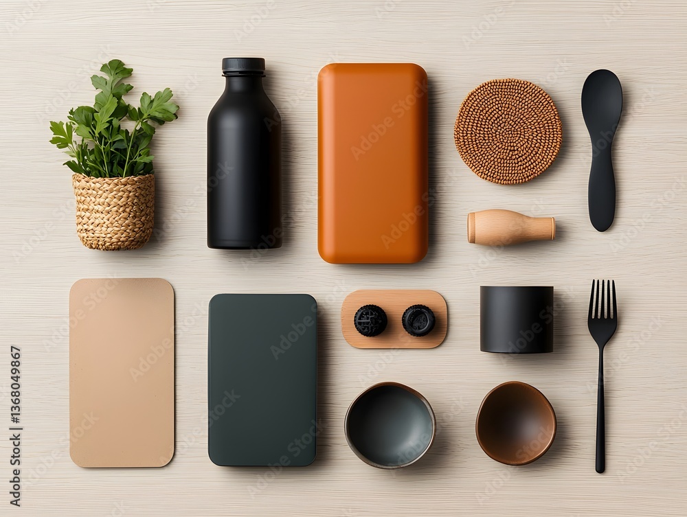 Poster flat lay display of various storage containers including cardboard wicker and metal pieces neatly ar