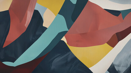 Bold painting featuring red and yellow design with dynamic composition of angular lines layered over soothing background evoking passion.