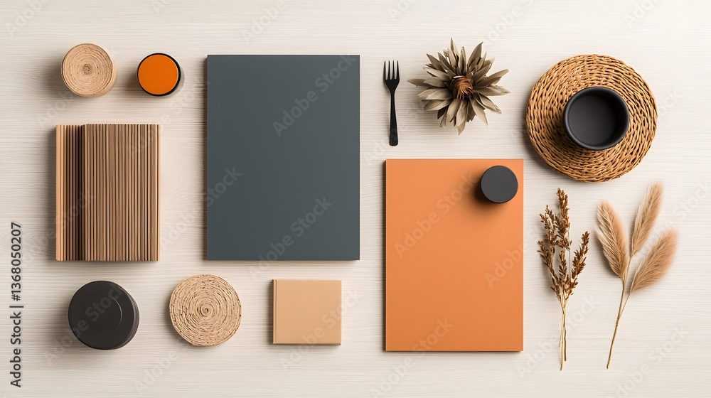 Poster flat lay featuring an elegant assortment of varied storage solutions in different materials and size