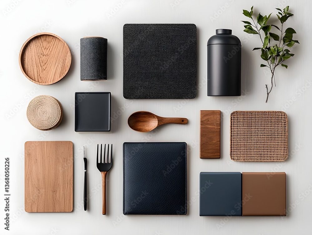 Aufkleber flat lay featuring an elegant assortment of storage solutions in various sizes and materials includi