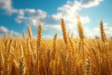 Fototapeta premium Golden wheat field swaying gently under a clear blue sky with soft sunlight and a summer breeze